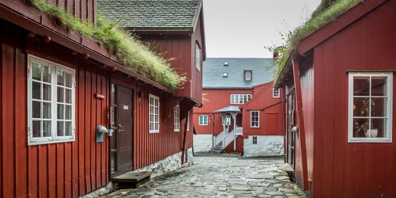 Faeroer-eilanden-Vikingdorp-met-rode-huizen-en-grasdakjes
