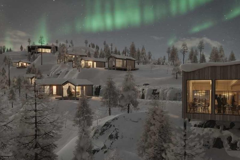 Cabins van de Lapland View Lodge tegen de berg aangebouwd (artist impression) ©Explore The North